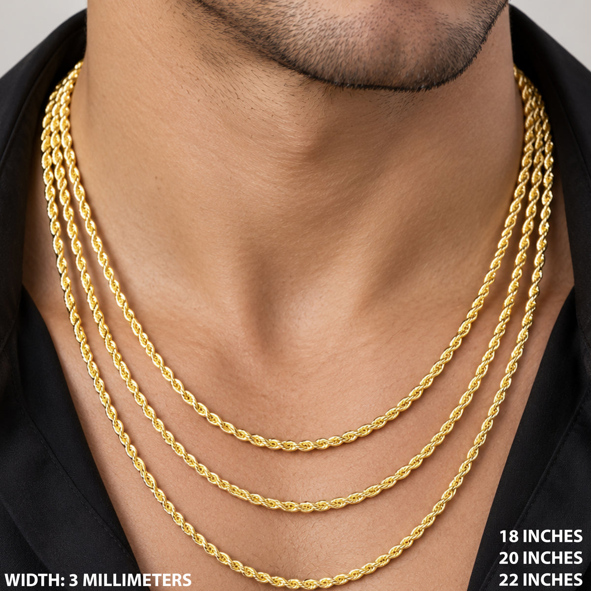 3mm Diamond Cut Rope Chain 18"