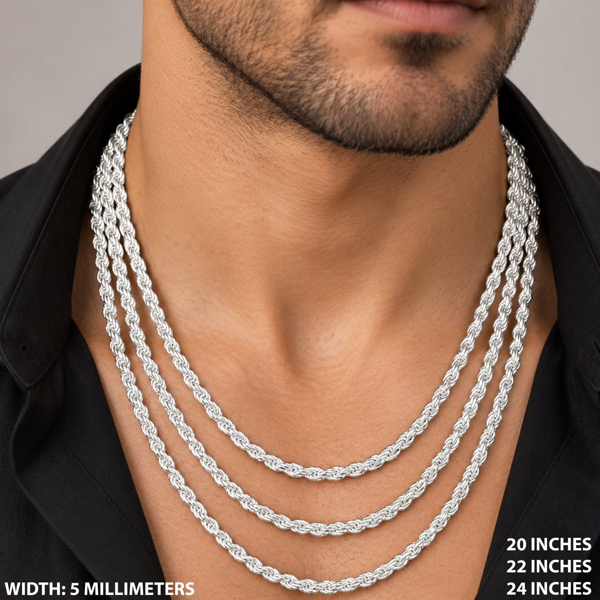 5mm Diamond Cut Rope Chain 22"