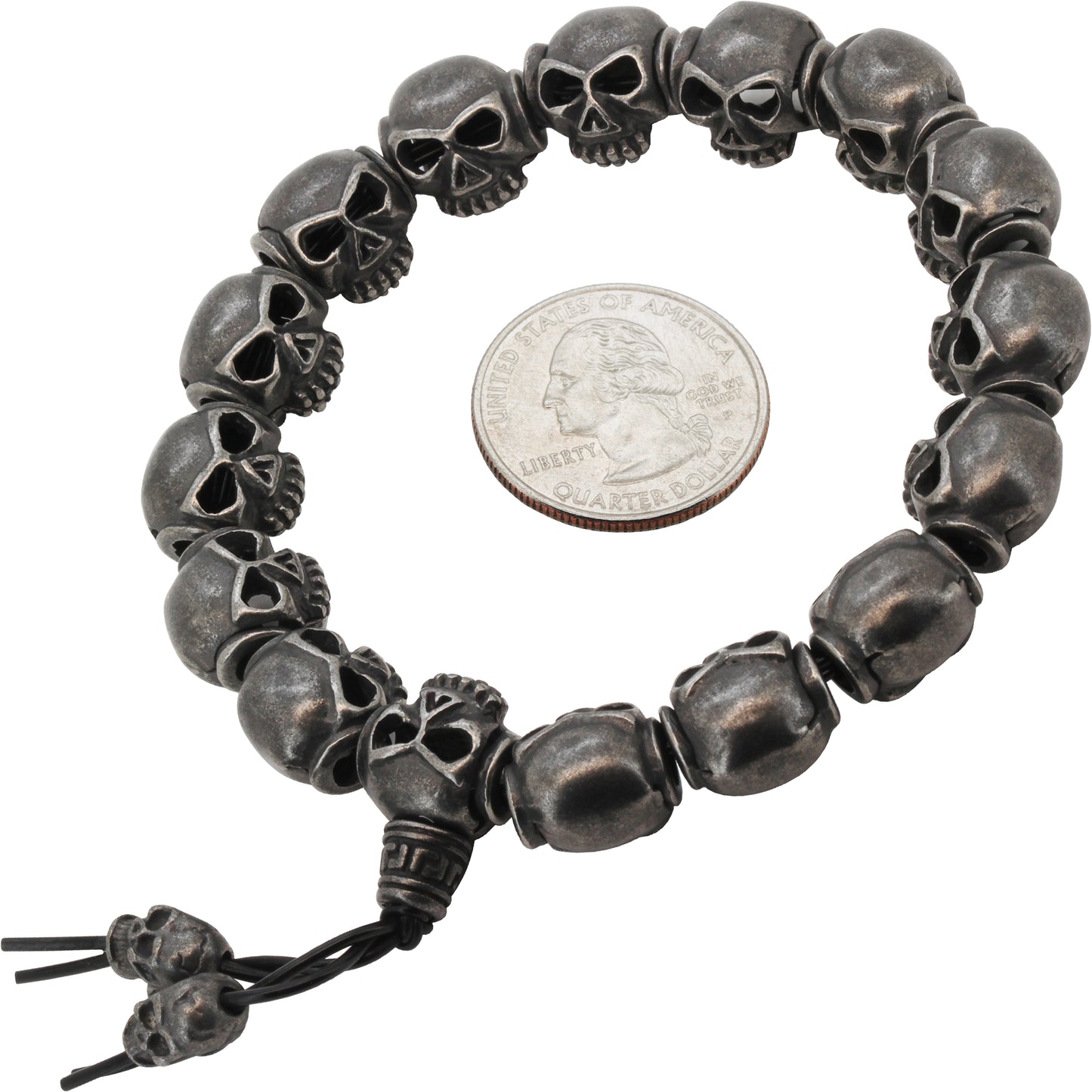 Gunmetal 12mm Skull Head Beaded Stretch Bracelet 8”