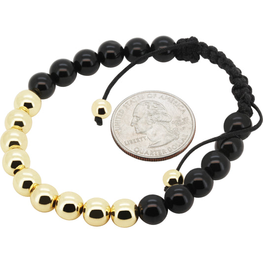 8mm Obsidian Gold Accent Beaded Adjustable Bracelet 7.5"-8"