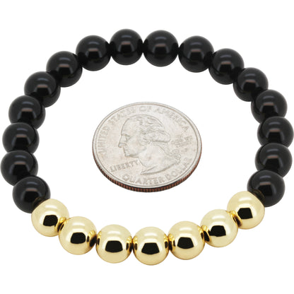 8mm Obsidian Gold Accent Beaded Stretch Bracelet 7.5"