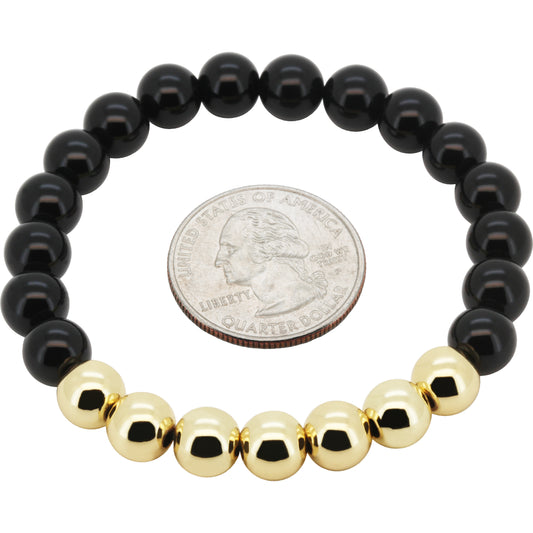 8mm Obsidian Gold Accent Beaded Stretch Bracelet 7.5"