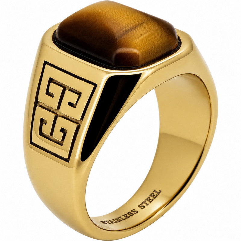 Greek Key Tiger Eye Signet Ring Size 8