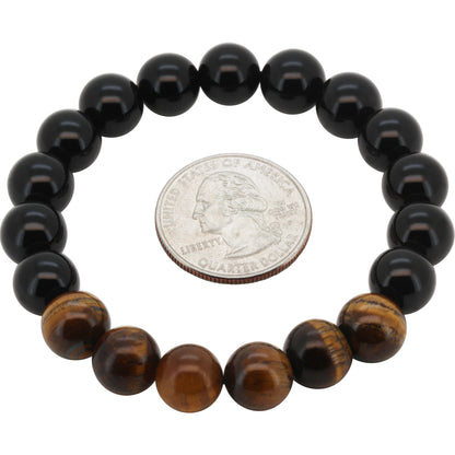 10mm Obsidian Tiger Eye Gemstone Beaded Stretch Bracelet 7”