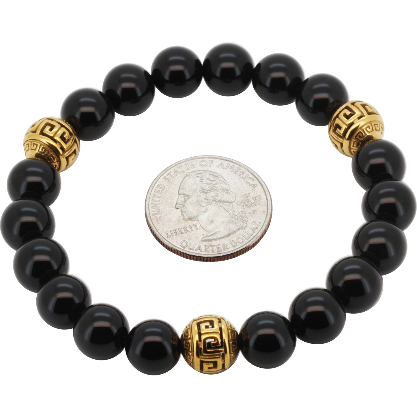 10mm Greek Key Obsidian Beaded Stretch Bracelet 8”