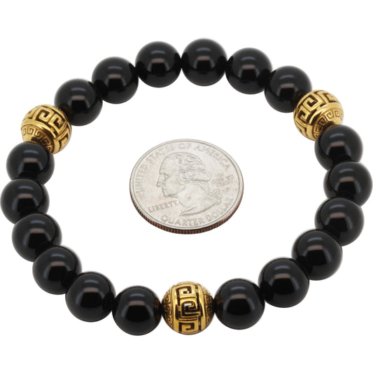 10mm Greek Key Obsidian Beaded Stretch Bracelet 8”