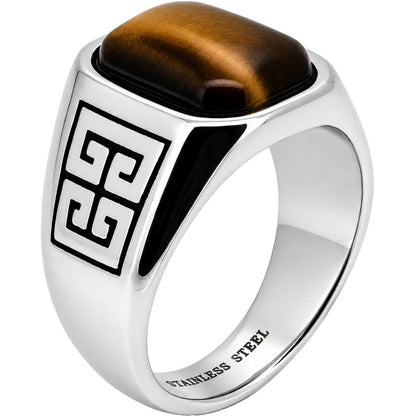 Greek Key Tiger Eye Signet Ring Size 7