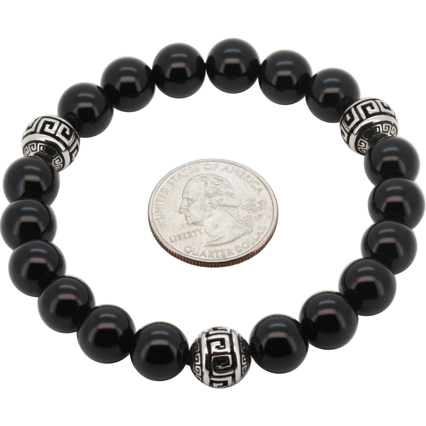 10mm Greek Key Obsidian Beaded Stretch Bracelet 8”