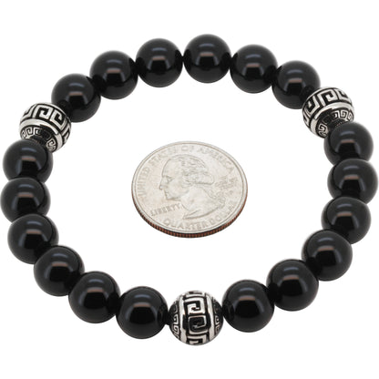 10mm Greek Key Obsidian Beaded Stretch Bracelet 8”