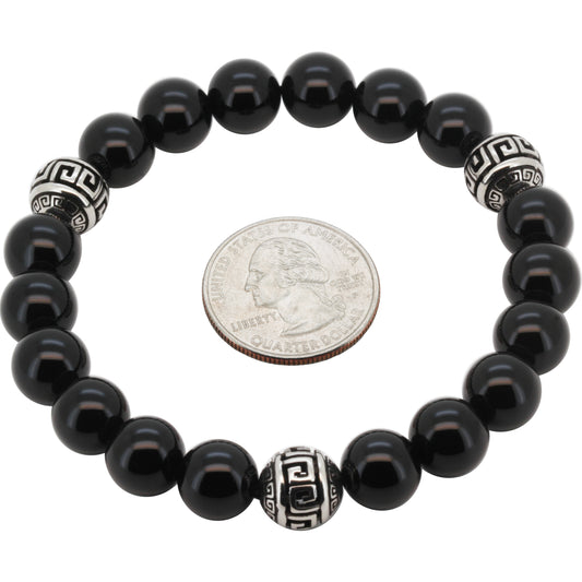 10mm Greek Key Obsidian Beaded Stretch Bracelet 8”