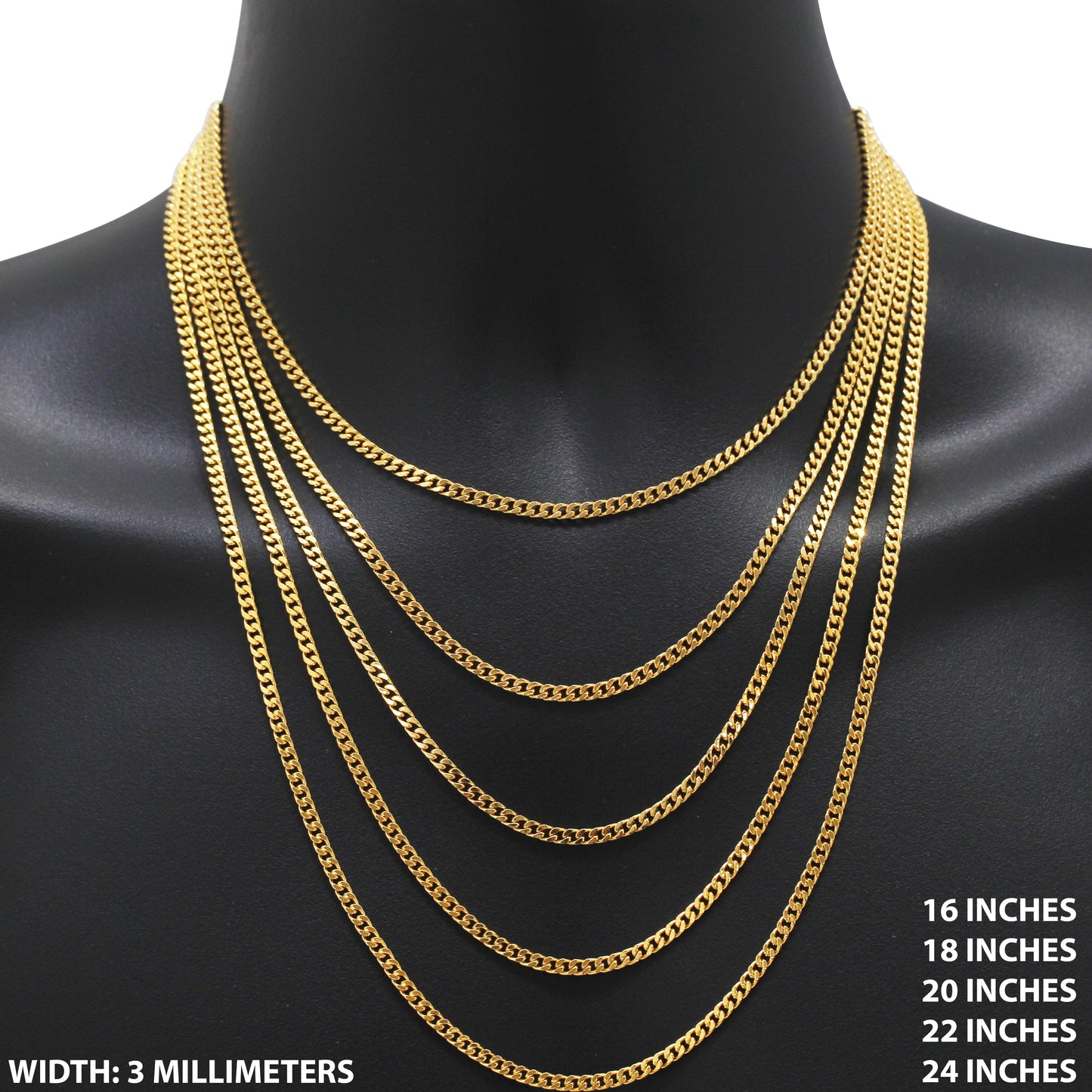 3mm Square Cut Cuban Link Chain 16"