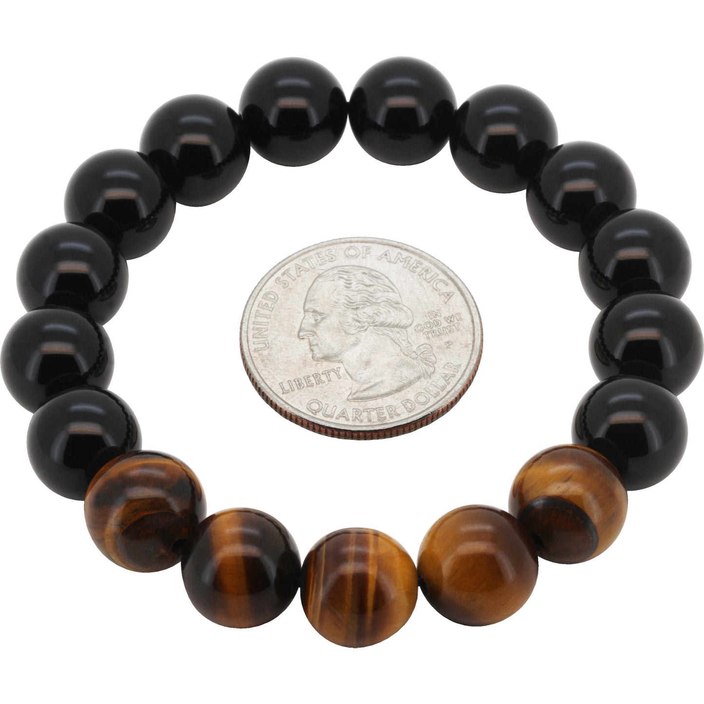 12mm Obsidian Tiger Eye Gemstone Beaded Stretch Bracelet 7.5”