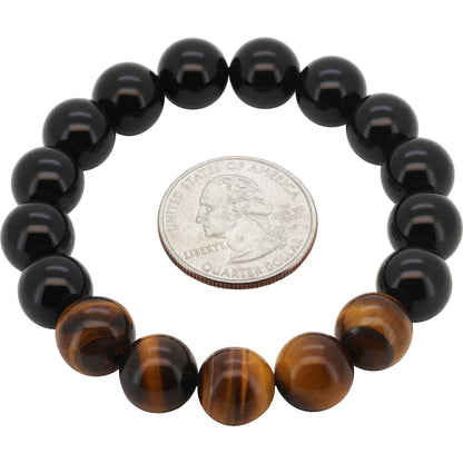 12mm Obsidian Tiger Eye Gemstone Beaded Stretch Bracelet 7.5”
