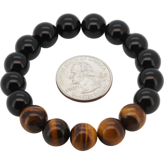 12mm Obsidian Tiger Eye Gemstone Beaded Stretch Bracelet 7.5”