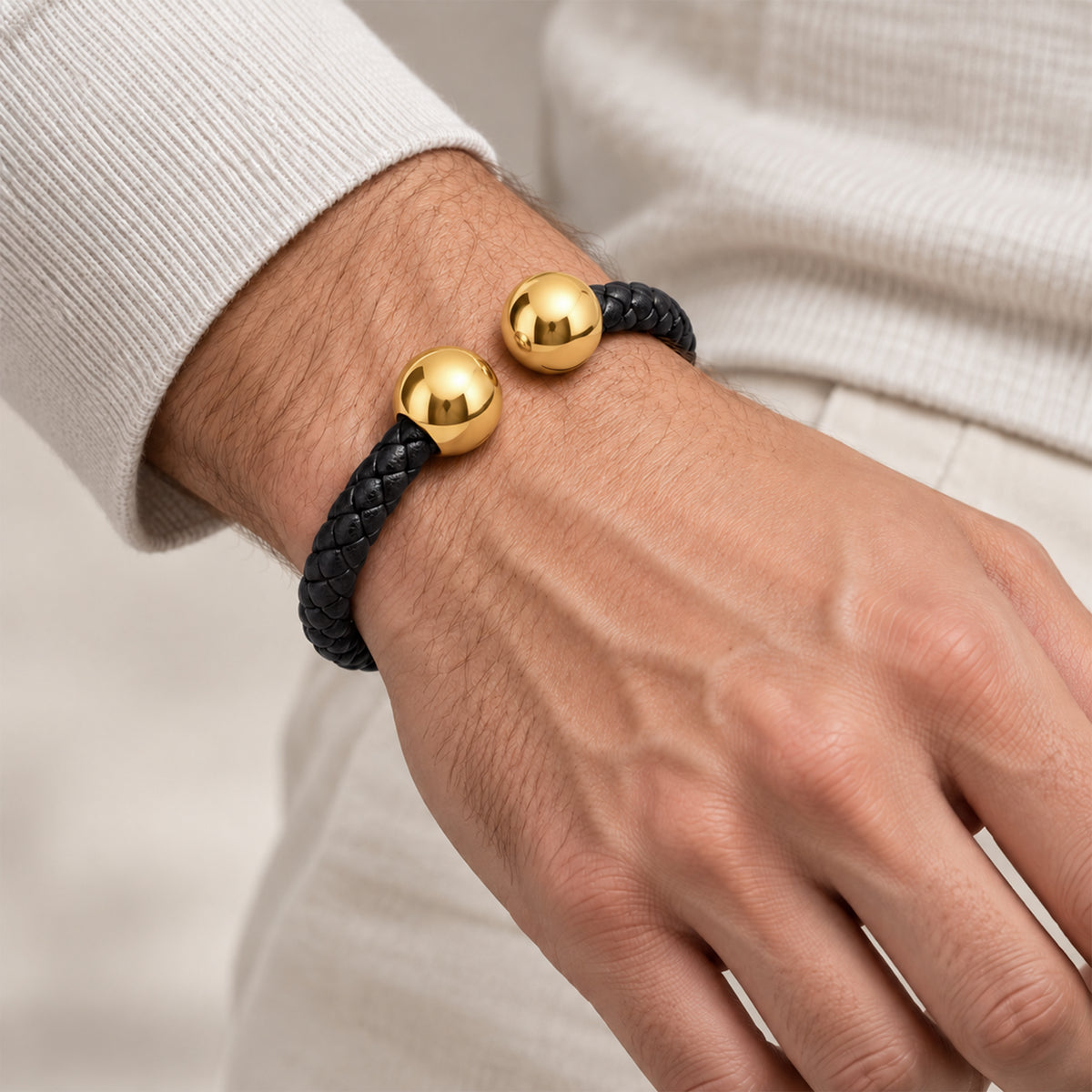 Black Braided Leather Ball-End Cuff Bracelet