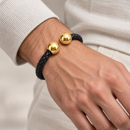 Black Braided Leather Ball-End Cuff Bracelet