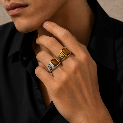 Greek Key Tiger Eye Signet Ring Size 10