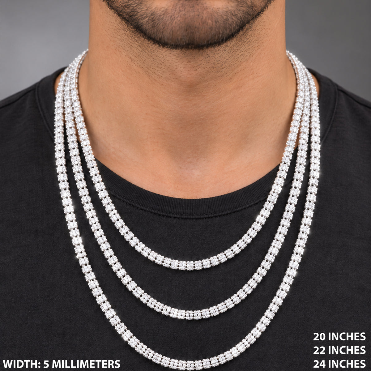 5mm 5 Row Diamond Cut Barrel Moon Ice Link Chain 20"