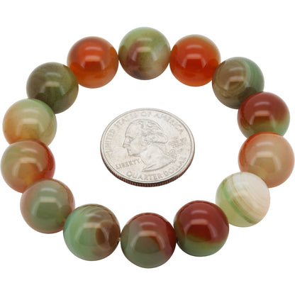 14mm Carved Dragon Vein Agate Beaded Stretch Bracelet 7.5”