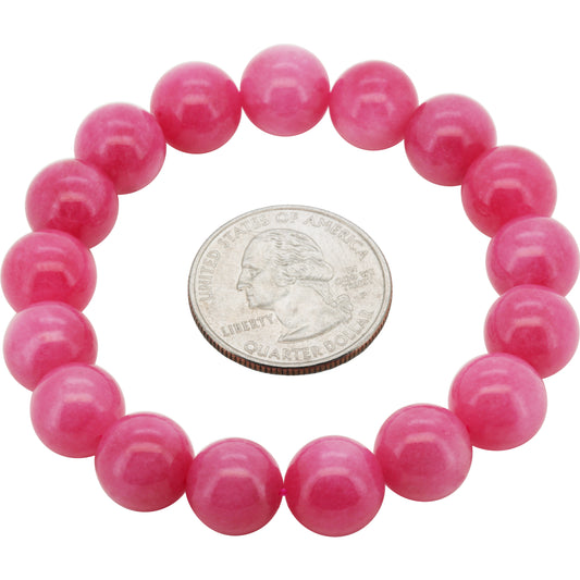 12mm Pink Jade Gemstone Beaded Stretch Bracelet 7.5"