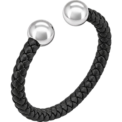 Black Braided Leather Ball-End Cuff Bracelet