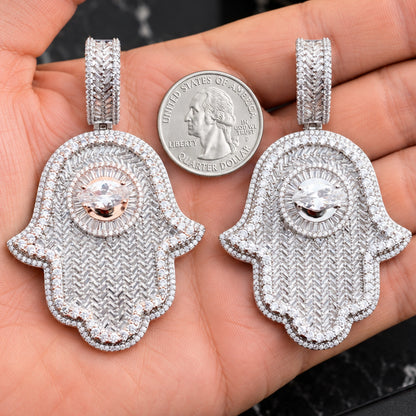Two-Tone Baguette Evil Eye Hamsa Hand Pendant