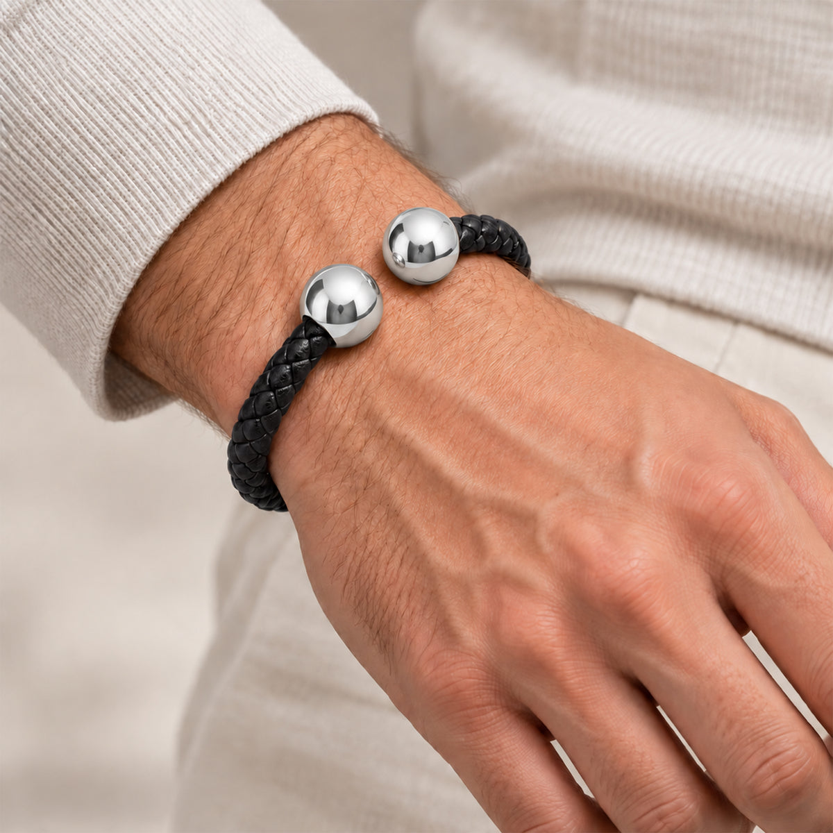 Black Braided Leather Ball-End Cuff Bracelet
