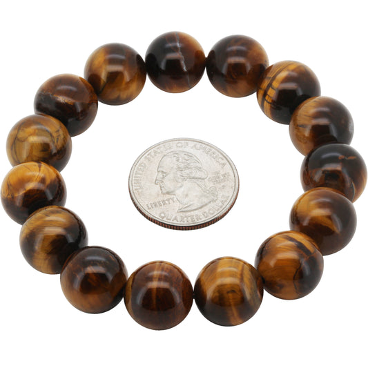 14mm Tiger Eye Gemstone Beaded Stretch Bracelet 8”