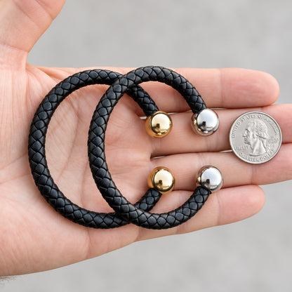 Black Braided Leather Ball-End Cuff Bracelet