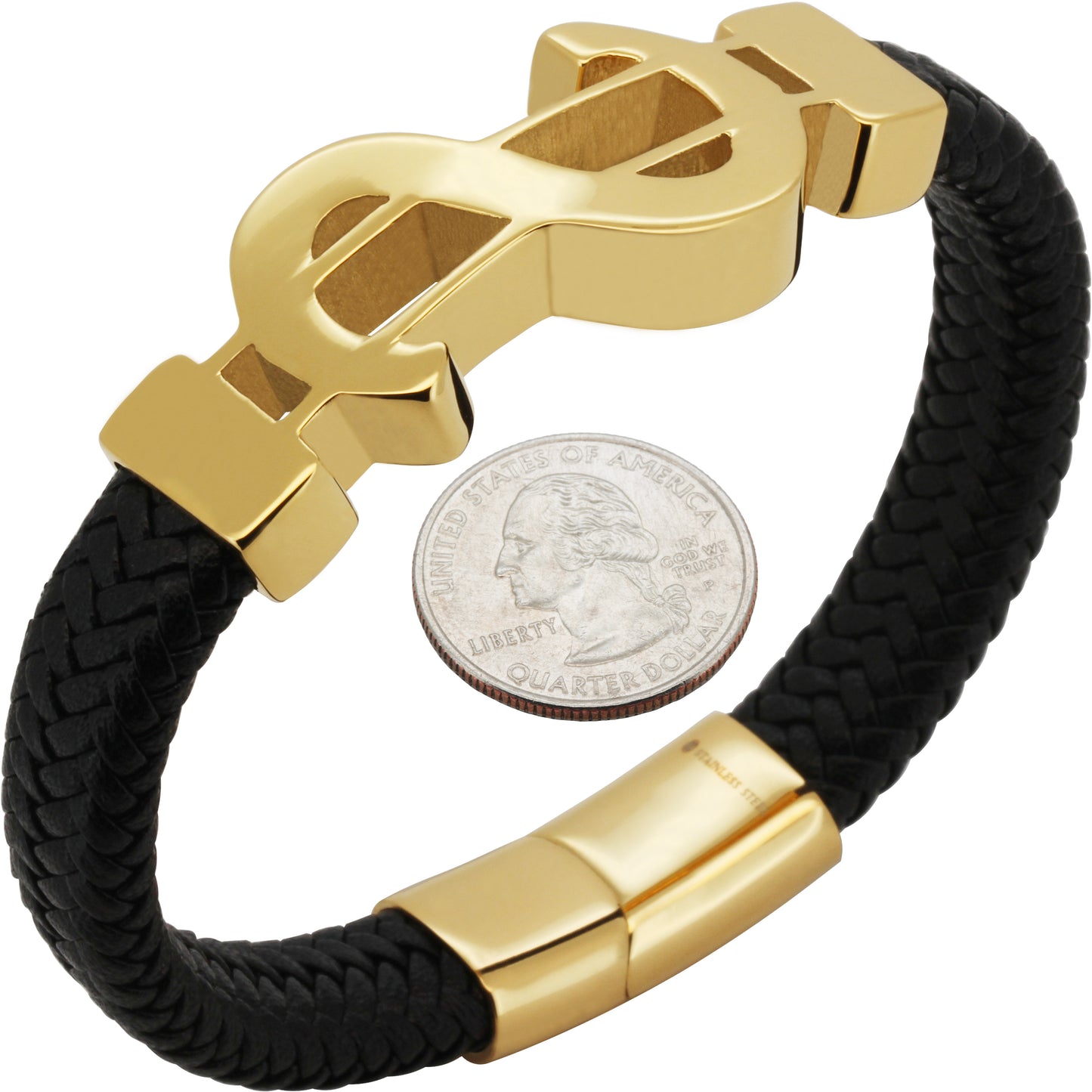 24mm Dollar Sign Leather Bracelet 8.5”