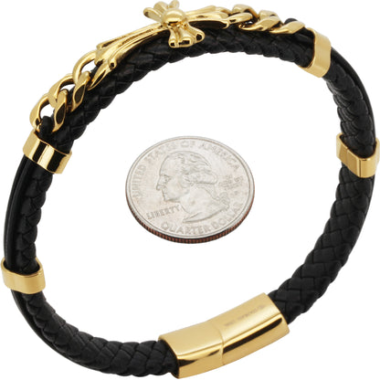 14mm Cross Cuban Link Leather Bracelet 8”