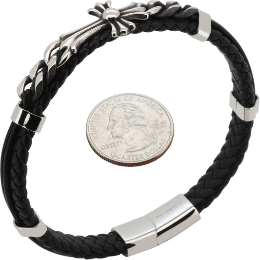 14mm Cross Cuban Link Leather Bracelet 8”