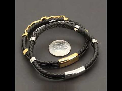 14mm Cross Cuban Link Leather Bracelet 8”