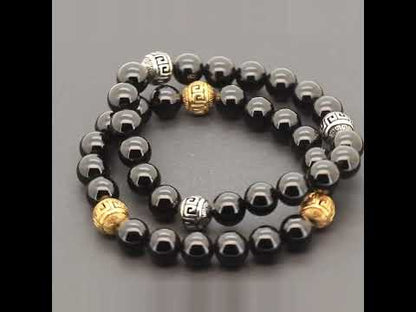 10mm Greek Key Obsidian Beaded Stretch Bracelet 8”