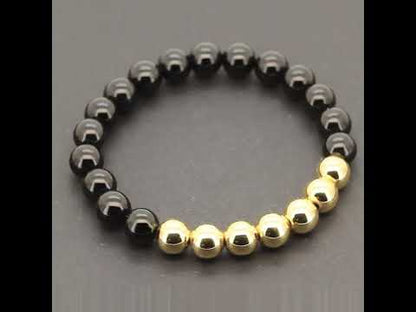8mm Obsidian Gold Accent Beaded Stretch Bracelet 7.5"