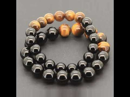 12mm Obsidian Tiger Eye Gemstone Beaded Stretch Bracelet 7.5”